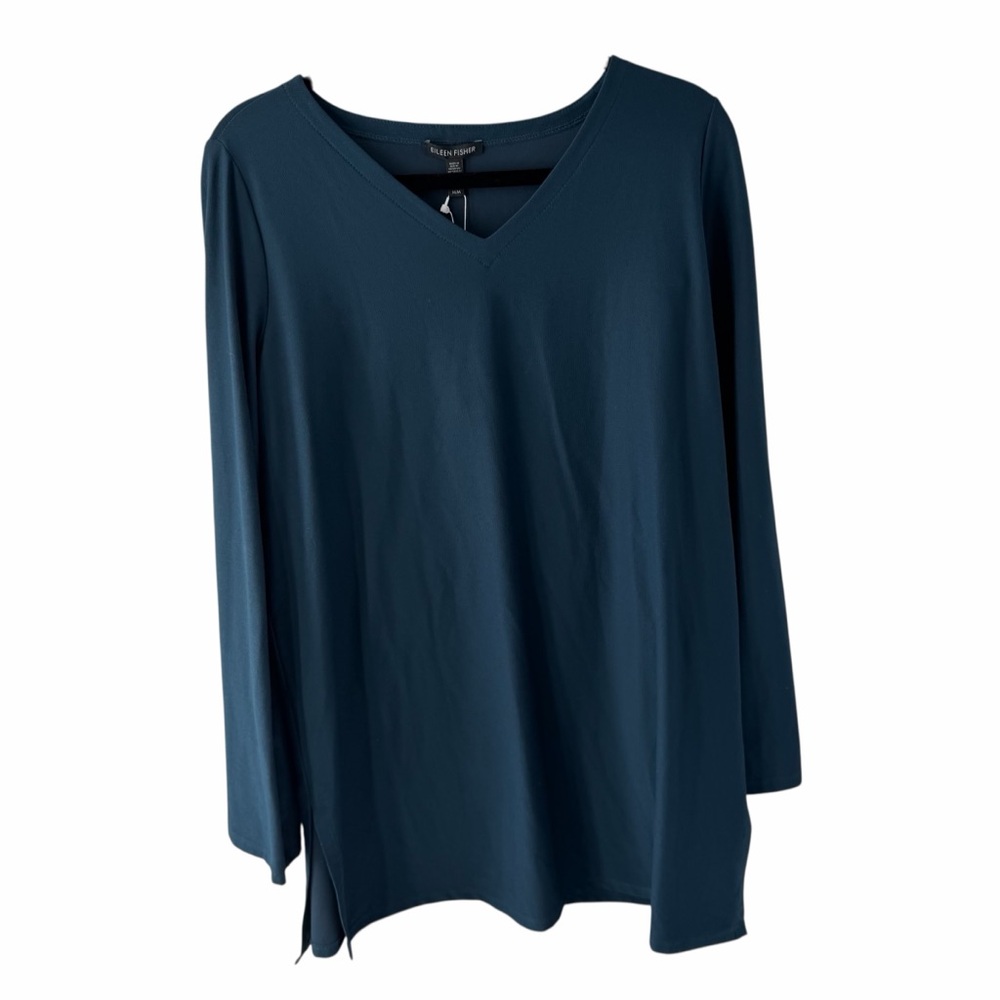 Eileen‎ Fisher Deep Blue Long Sleeve V-Neck Tunic Top